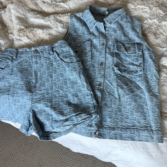 Denim Sleeveless Vest and Shorts Set - Picture 1 of 6